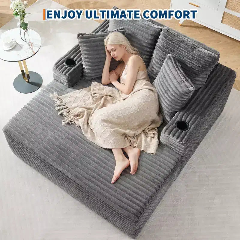 Fauteuil inclinable surdimensionné en velours côtelé de 163 cm, canapé-lit sans cadre avec porte-gobelets et 2 oreillers, aucun assemblage requis
