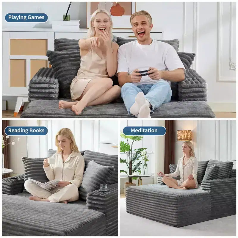 Fauteuil inclinable surdimensionné en velours côtelé de 163 cm, canapé-lit sans cadre avec porte-gobelets et 2 oreillers, aucun assemblage requis