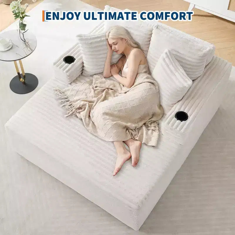 Fauteuil inclinable surdimensionné en velours côtelé de 163 cm, canapé-lit sans cadre avec porte-gobelets et 2 oreillers, aucun assemblage requis