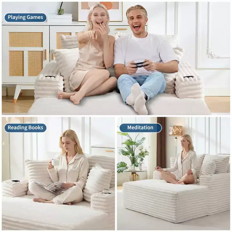 Fauteuil inclinable surdimensionné en velours côtelé de 163 cm, canapé-lit sans cadre avec porte-gobelets et 2 oreillers, aucun assemblage requis
