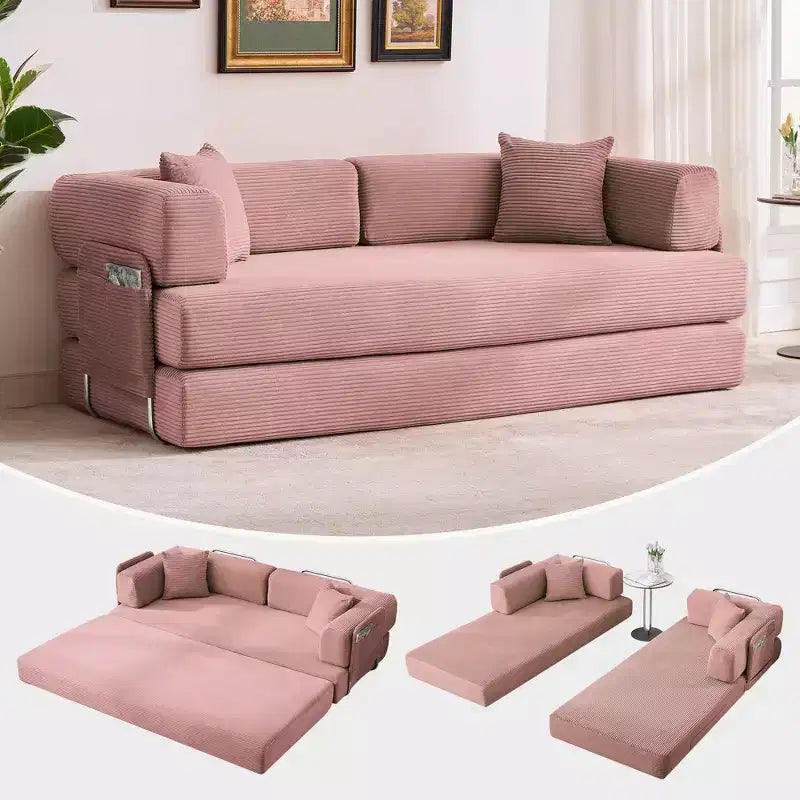 Canapé-lit convertible 5-en-1 en velours côtelé avec oreillers, futon pliant 79 po avec cadre fixe et accoudoirs amovibles pour petits espaces, aucun assemblage requis