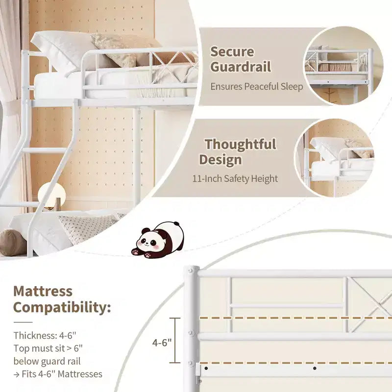 Lit superposé en métal robuste, double sur lit double, profil bas avec garde-corps long et échelle, aucun sommier tapissier requis, gain de place