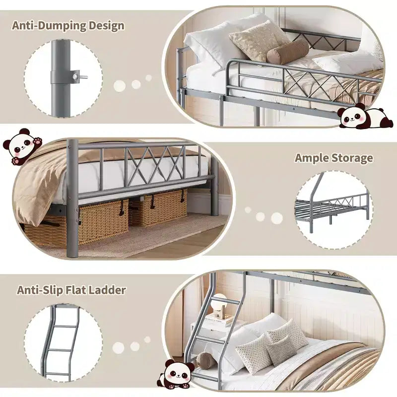 Lit superposé en métal robuste, double sur lit double, profil bas avec garde-corps long et échelle, aucun sommier tapissier requis, gain de place