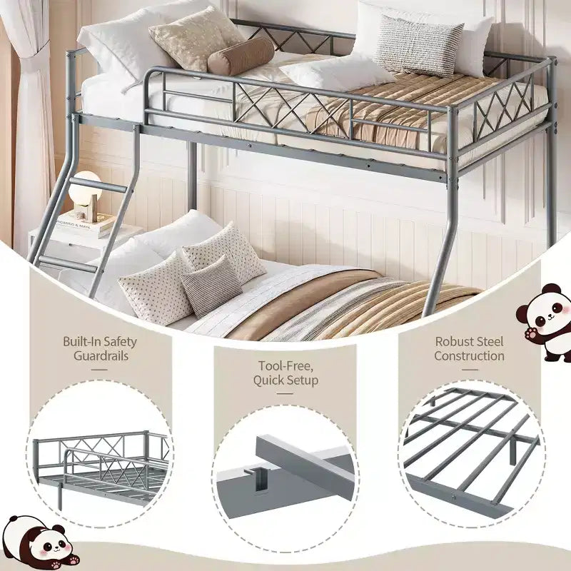 Lit superposé en métal robuste, double sur lit double, profil bas avec garde-corps long et échelle, aucun sommier tapissier requis, gain de place