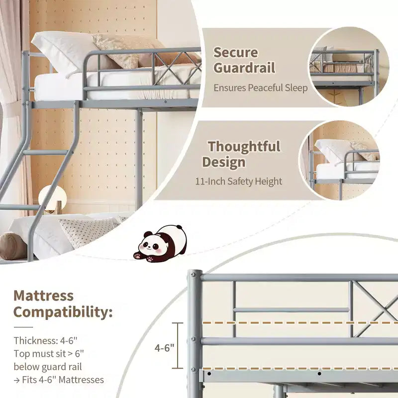 Lit superposé en métal robuste, double sur lit double, profil bas avec garde-corps long et échelle, aucun sommier tapissier requis, gain de place