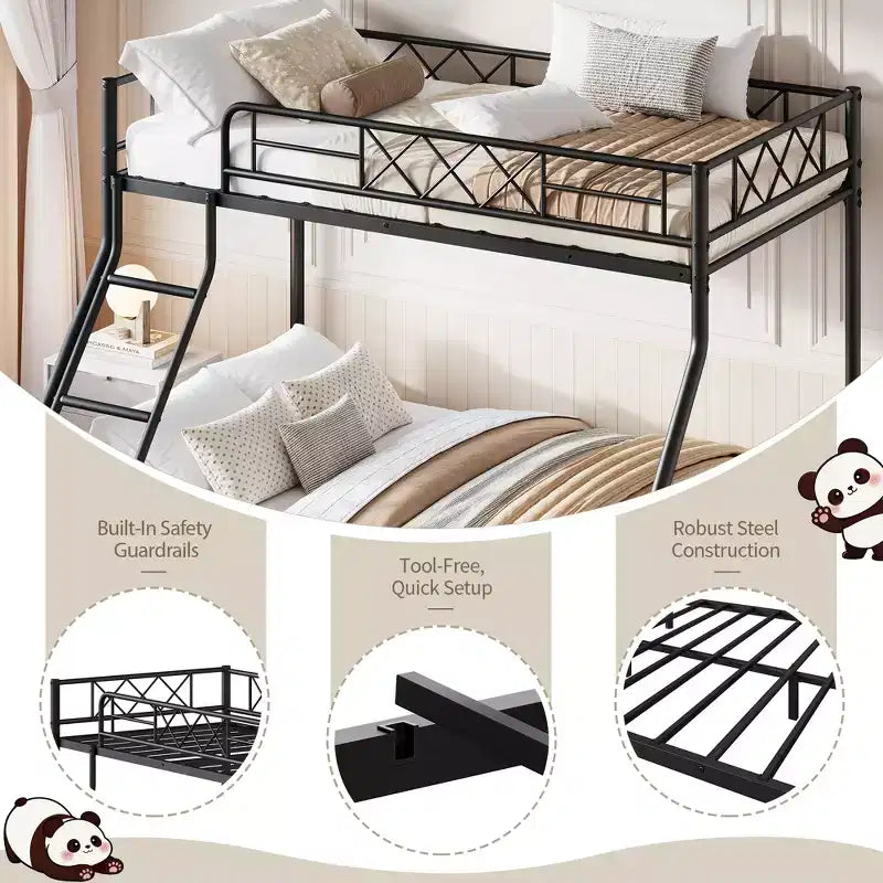 Lit superposé en métal robuste, double sur lit double, profil bas avec garde-corps long et échelle, aucun sommier tapissier requis, gain de place