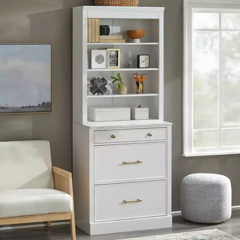 Lifestorey 2pc Armoire de Bureau Modulable Harrington avec Huche Faux Marbre Blanc : Style Ferme, Surface Faux Marbre, Construction en MDF