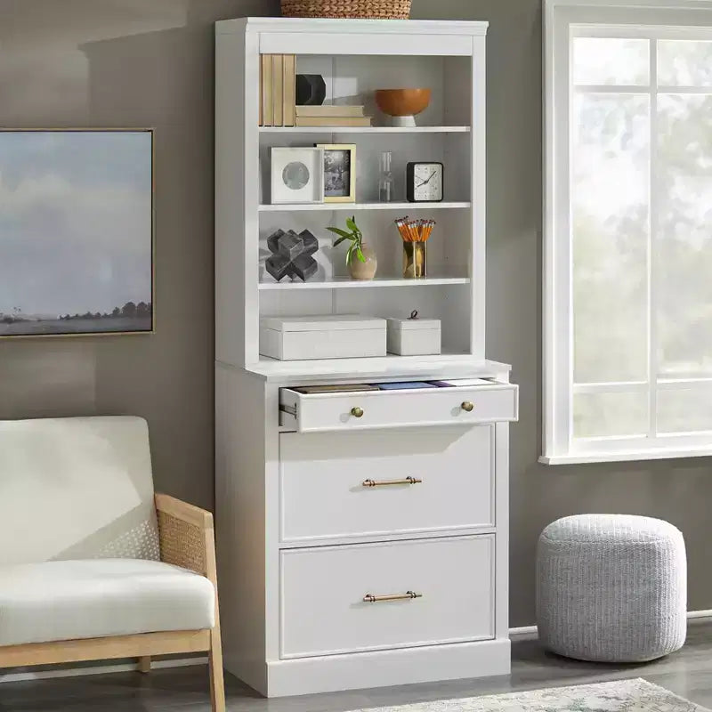 Lifestorey 2pc Armoire de Bureau Modulable Harrington avec Huche Faux Marbre Blanc : Style Ferme, Surface Faux Marbre, Construction en MDF