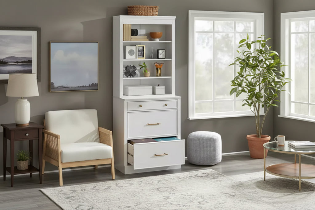 Lifestorey 2pc Armoire de Bureau Modulable Harrington avec Huche Faux Marbre Blanc : Style Ferme, Surface Faux Marbre, Construction en MDF