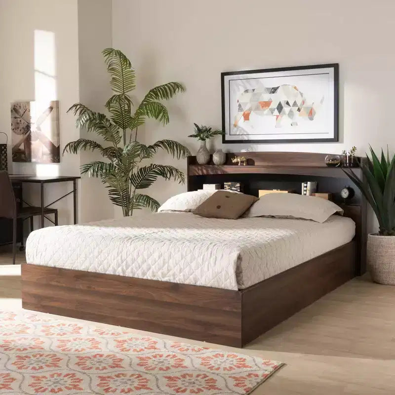 Lit plateforme Queen Christopher Wood avec étagères -: Design rustique moderne, Rangement intégré dans la tête de lit, Finition